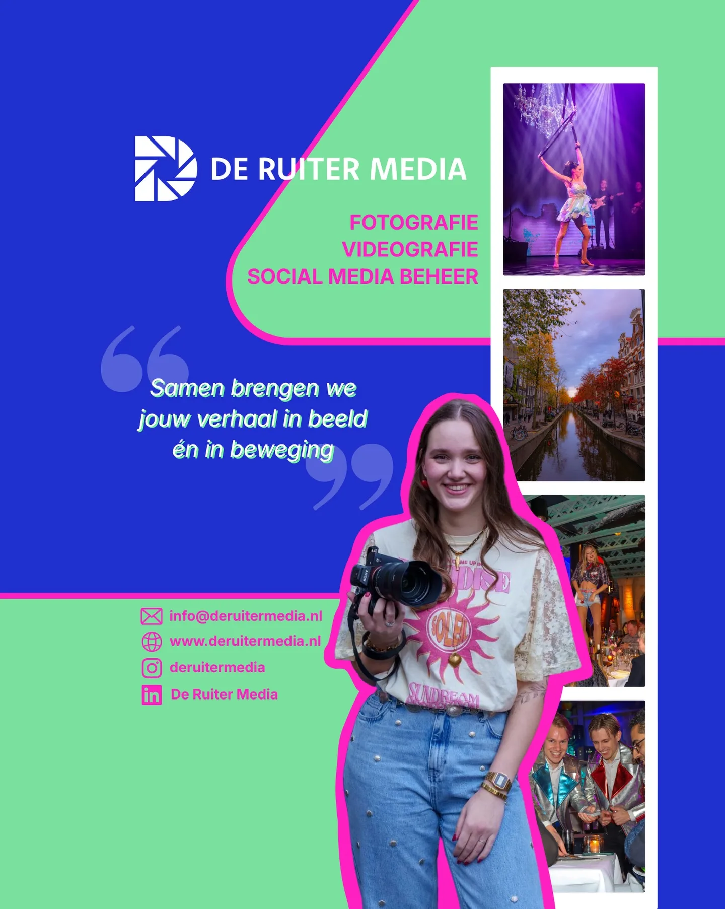 Advertentie van De Ruiter Media in blauw, mint en roze